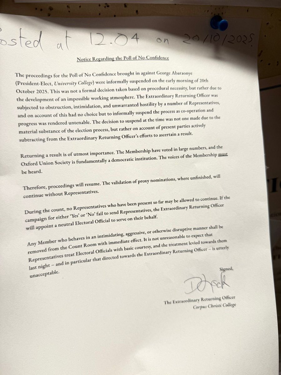 Oxford Uni students tell me George Abaraonye’s representatives have been intimidating the elections officer &amp; spent the night chanting “this poll is not valid,” effectively making the count impossible. A notice was posted today preventing previously involved representatives from