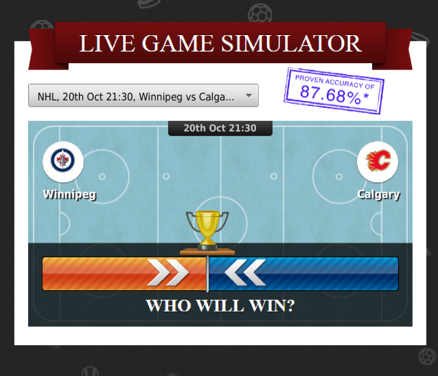ZcodeAI's tweet image. Who will win? Pick your side!
20th Oct 21:30 EST
Winnipeg at Calgary (NHL) #simulator #nhl #hockey #nhlbetting #nhltips #nhlpicks #zcodesystem #bettingsports #bettingsystems #bettingexpert #sportsbetting #freebettingtips