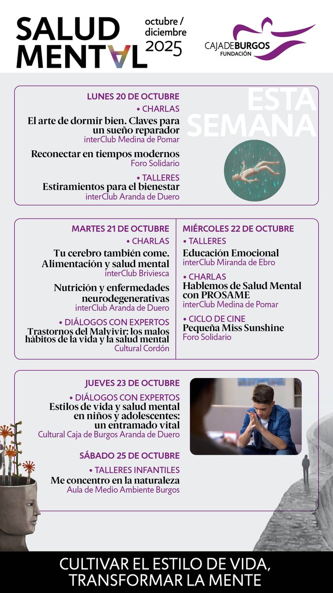 Consulta la agenda de esta semana (20 al 26 de octubre) con las principales actividades del ciclo #SaludMental, aquí: 

cajadeburgos.com/saludmental/  🟣

#SaludMentalBurgos #Burgos