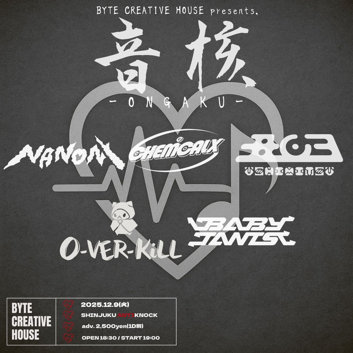 overkill_1008's tweet image. -ライブ情報-

12/9(火) 新宿アンチノック
『音核』

OPEN/18:30 START/19:00
チケット🎫
前売2500円(各+1D)
t.livepocket.jp/e/75qvs

ACT
O-VER-KiLL
NANONI
CHEMICAL X
BABYTANTS
丑03-USHIMITSU-

#o_ver_kill
#バキル