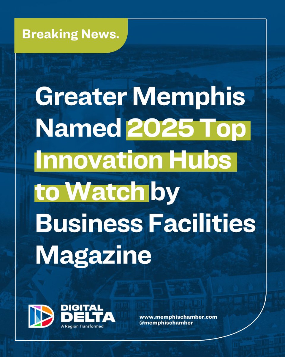 🚀 Greater Memphis has been named a 2025 Top Innovation Hub to Watch by <a href="/bizfacilities/">Business Facilities</a>!

From AI and health sciences to world-class research and industry partnerships, the Digital Delta is driving global innovation right from the heart of Memphis. 🌎💡 <a href="/MemphisChamber/">Greater Memphis Chamber</a>