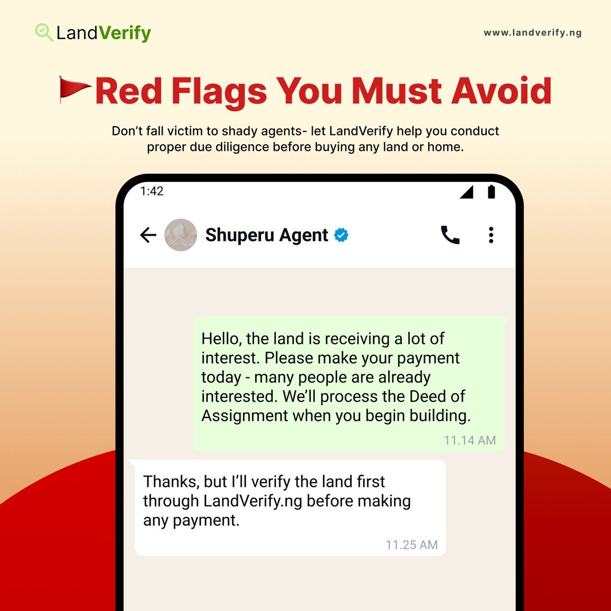 LandVrfyNg's tweet photo. 🚩 Red Flags You Must Avoid!
Don’t fall victim to shady agents who rush you into payments without proper documents.
Always verify any land or property through https://t.co/5vB3TOUNVN before you buy.
✅ Verify before you buy!
#LandVerify #VerifyBeforeBuying #NigeriaRealEstate https://t.co/GwWkr7HSlS