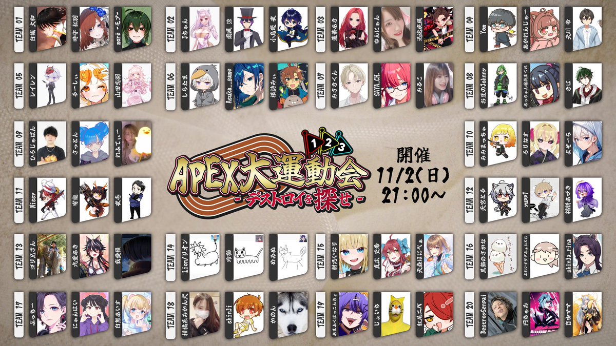 EsportsNeith's tweet image. 大会出場者決定ꉂꉂ📣
完全なる爆笑間違い無しの
エンタメ大会です🎌🏃💨

誰が各試合の1番になるのか？！
そしてデストロイ先輩はどうなるのかな？！

#Neith 
 
画像制作 @teardzn 
実況解説 @zunheityou