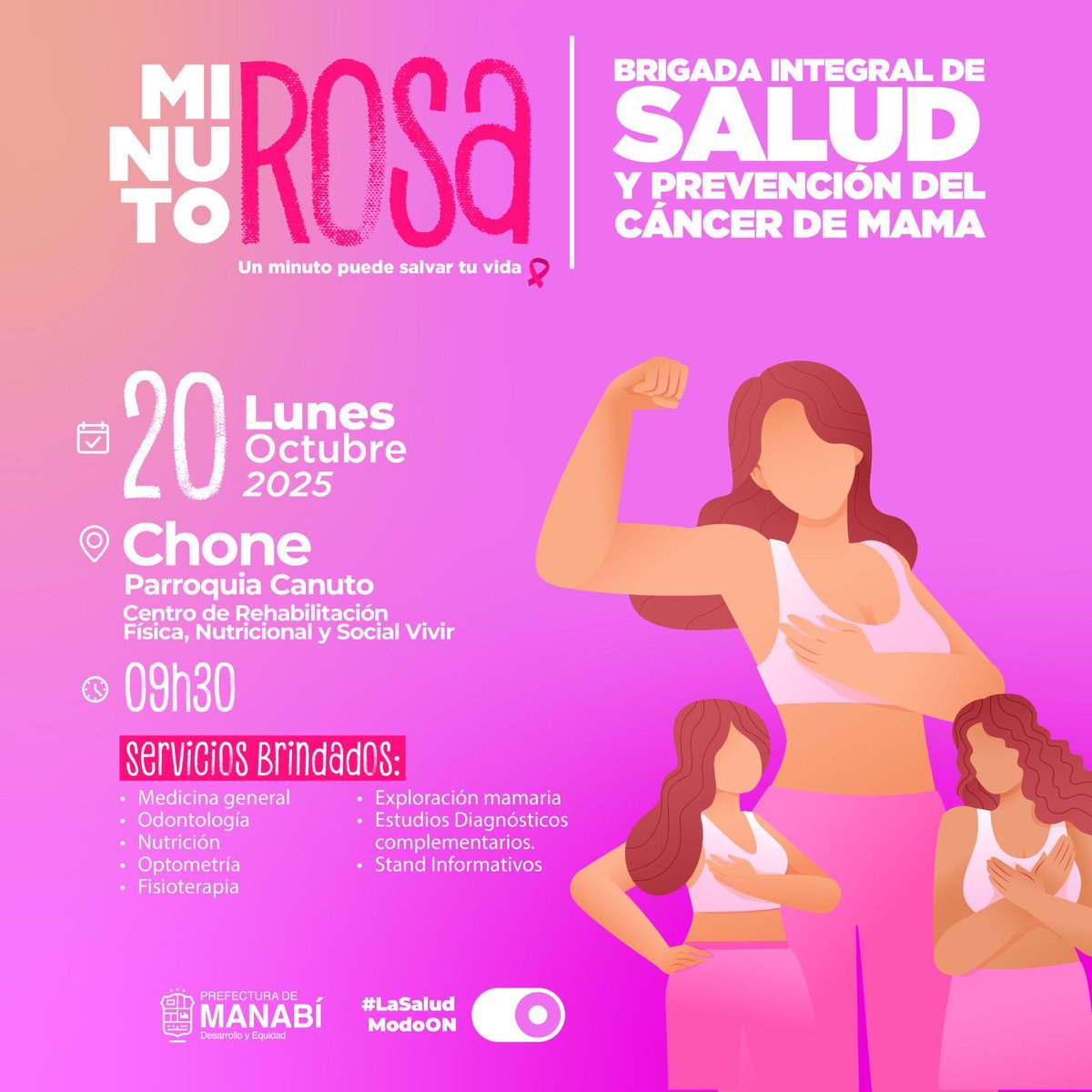 PrefecturManabi's tweet image. Un minuto puede salvar tu vida 💗
Hoy en Canuto, Chone, nos ponemos en #ModoON por la salud y la prevención.
💪 Haz tu chequeo, cuida tu vida.

#MinutoRosa #LaSaludModoON