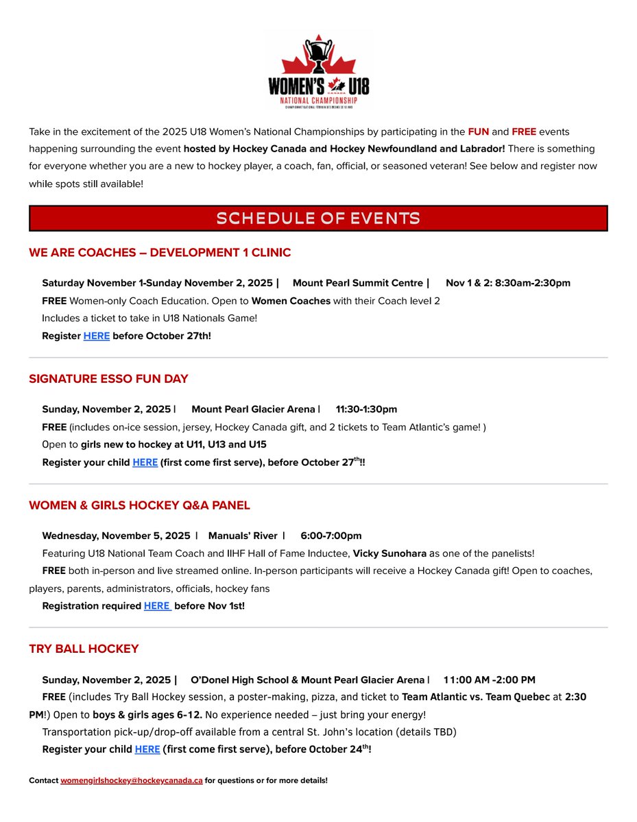 Catch the excitement of the 2025 U18 Women’s National Championships with FREE events for all! 
Register here: hockeynl.ca/join-the-fun-e…