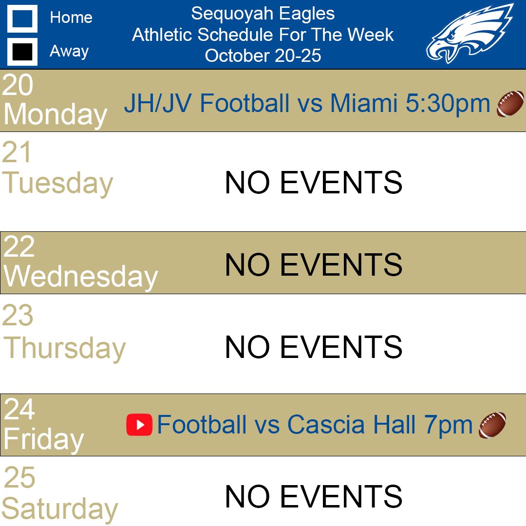 It's time to mark the calendar!!

Check out the graphic below to see all the Eagles Athletic events going on this week.

#comesoarwithus #sequoyaheagles