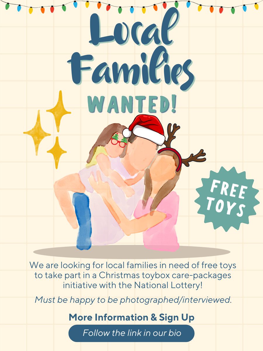 Calling the local families of South Wales! 📣
We are looking for families in need to be recipients of toyboxes on the 19th November. 🎁

If you're keen, please follow the link to sign up: 
forms.gle/D7xrJqXBDdxwwG…

#christmas2025 #toyboxes #nationallottery #localfamilies #charity