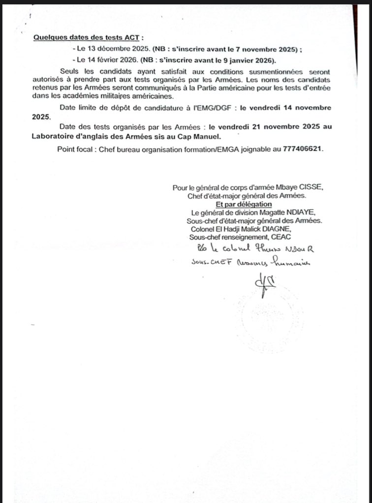 Noo_IDcard's tweet photo. ‼️Test d’entrée académies militaire armée :cycle 2026-2030.

Conditions à remplir pour participer aux tests organisés par les Armées :

- ê t r e célibataire s a n s e n f a n t ;
- être de nationalité sénégalaise ;
- être âgé de plus de 18 ans et moins de 23 ans au 1er juillet 2026 ;
- être titulaire du baccalauréat;
- avoir réussi aux tests du Scholastic Aptitude Test (SAT) ou l'American College Testing
(ACT) et au Test Of English as a Foreign Language (TOEFL) ;
- être médicalement apte ;
- s'engager à servir dix (10) ans au moins dans les Armées sénégalaises (en c a s de
réussite).