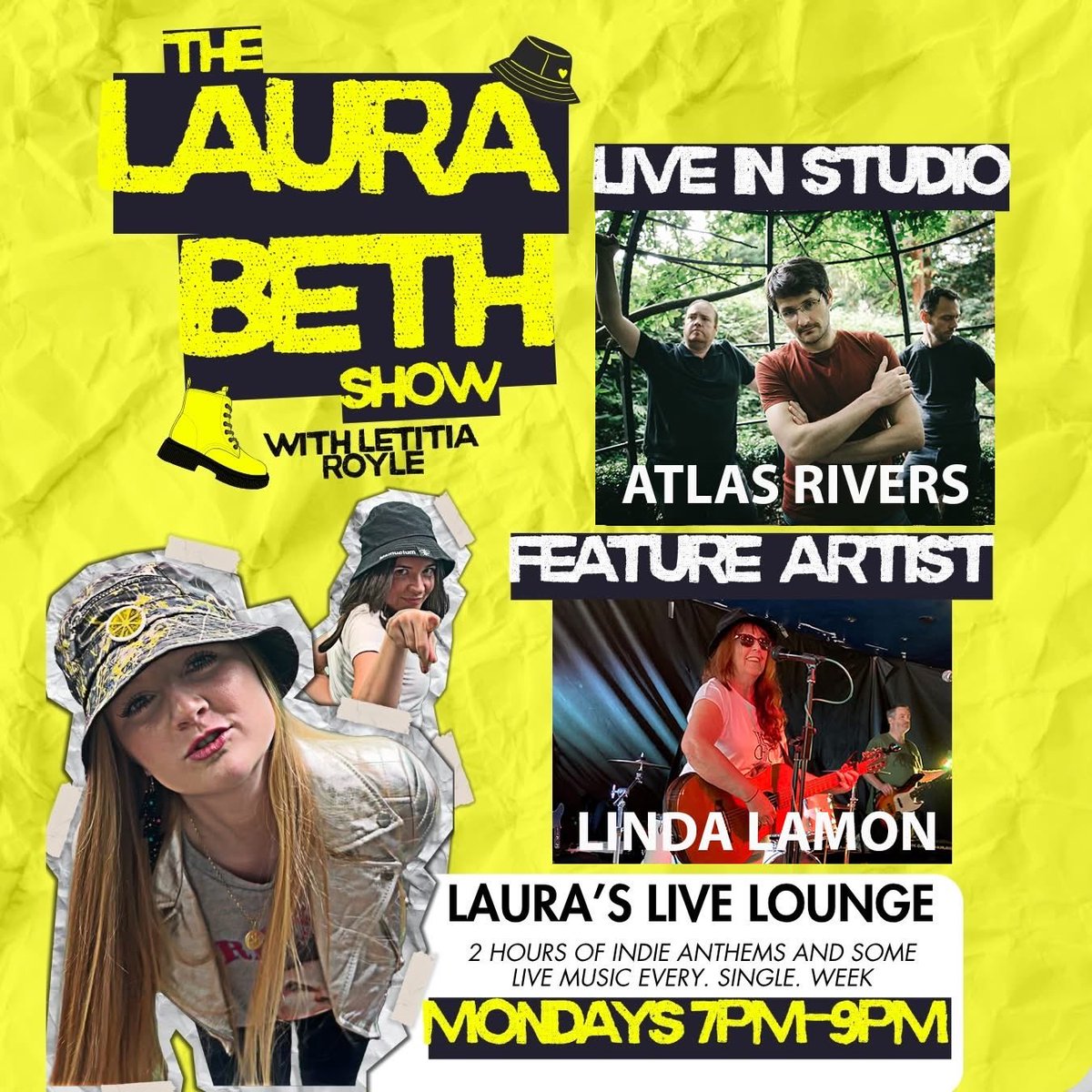 Tune into The Laura Beth Show tonight at 7pm on <a href="/tamesideradio/">Tameside Radio</a> to hear <a href="/AtlasRiversBand/">Atlas Rivers</a> live in the studio, the 60 second profile from <a href="/lindalamon/">Linda Lamon</a> Kieran Lee will be telling us the things he’s got in the pipeline and <a href="/LetitiaRoyle/">Letitia Royle</a> will have her gig guide tamesideradio.com