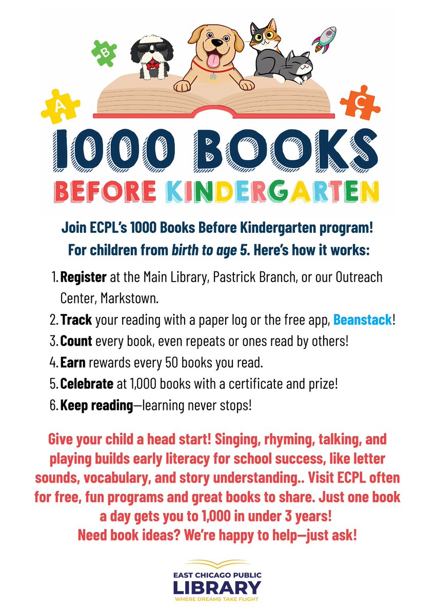 ECPublicLibrary's tweet image. Have a little one under 5? 📚
Sign up for our free 1,000 Books Before Kindergarten program!
Pick up your reading log in the Youth Services Department and start your journey—just 3 books a day adds up to 1,000 in a year! 🌟
#Youthprogramming #ECPL #1000booksbeforekindergarten #NWI