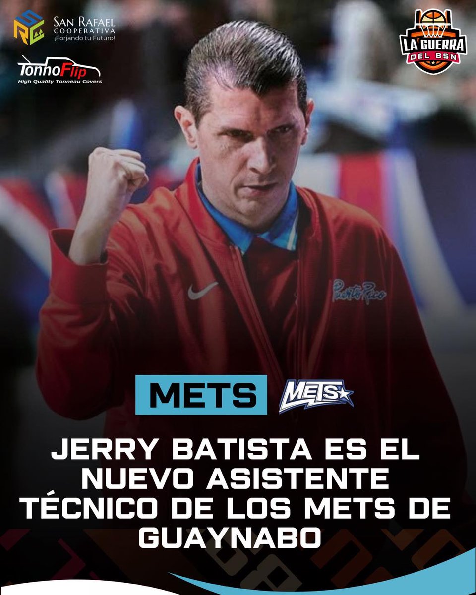 #BSNPR | OFICIAL: El técnico Jerry Batista es el nuevo asistente de los Mets de Guaynabo bajo la dirección del dirigente Jorge Rincón. 

📊 Batista es el actual dirigente de la Selección Nacional de Baloncesto Femenino de Puerto Rico.