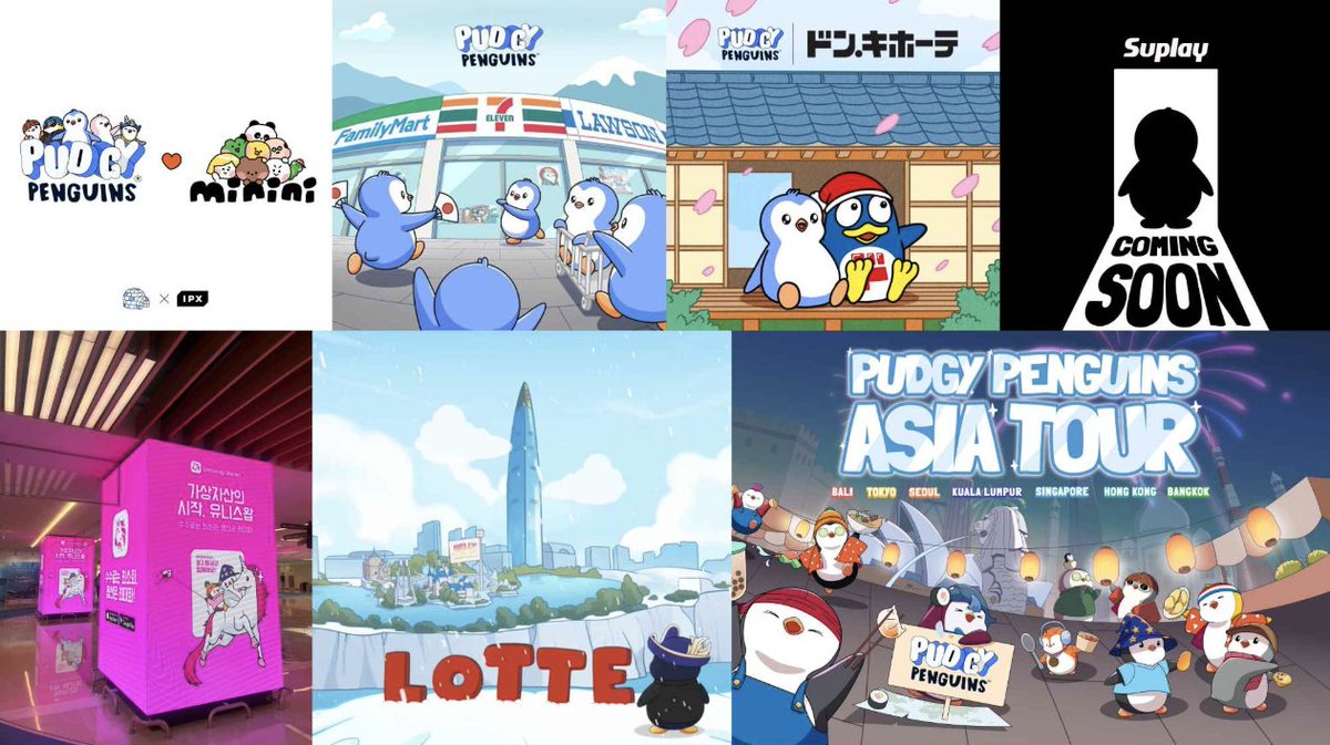 Collage of Pudgy Penguins Asia collaborations including convenience stores, Lotte, and Asia Tour