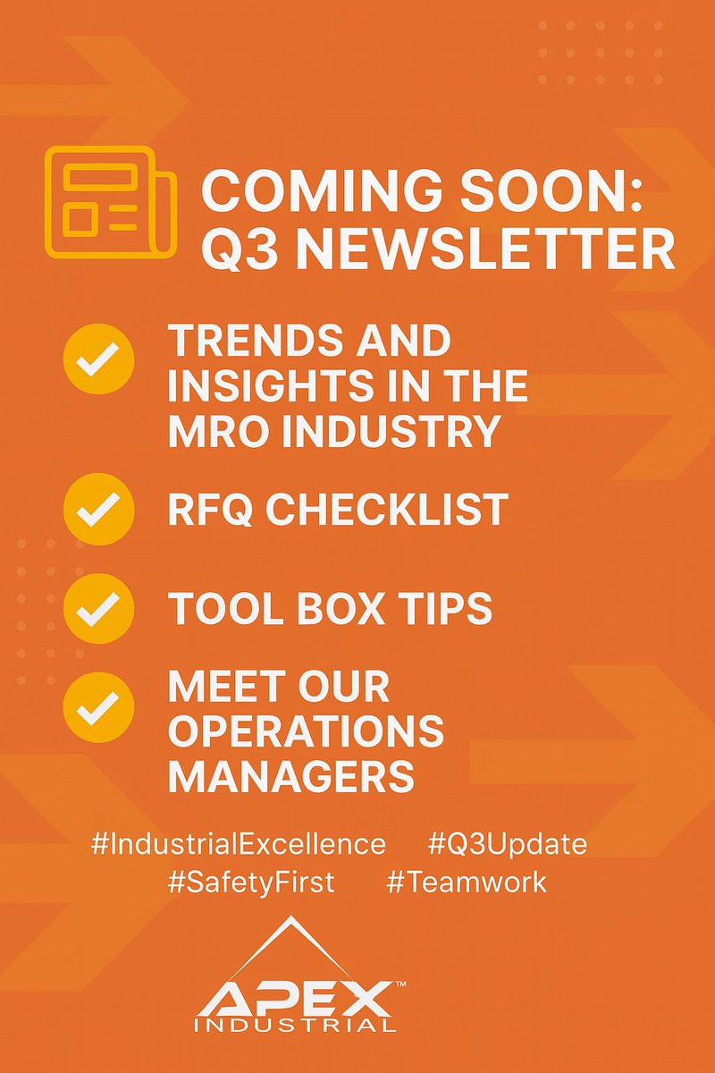 ApexMro's tweet image. Q3 newsletter drops soon 💥
⚙️ MRO trends
📋 RFQ checklist
🧰 Toolbox tips
👷 Meet our ops crew
Stay sharp. Stay Apex.
#Q3Update #IndustrialExcellence #ToolboxTalk