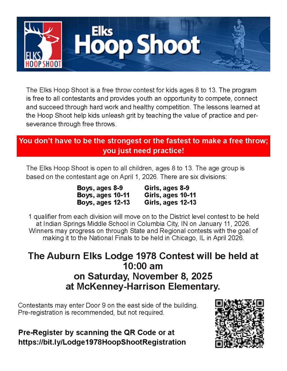 🏀 Elks Hoop Shoot is back! Kids ages 8–13 can show off their free-throw skills at McKenney-Harrison Elementary on Sat, Nov 8, 2025, at 10 AM. Free to enter! Winners advance to district &amp; beyond. Register here: bit.ly/Lodge1978HoopS…