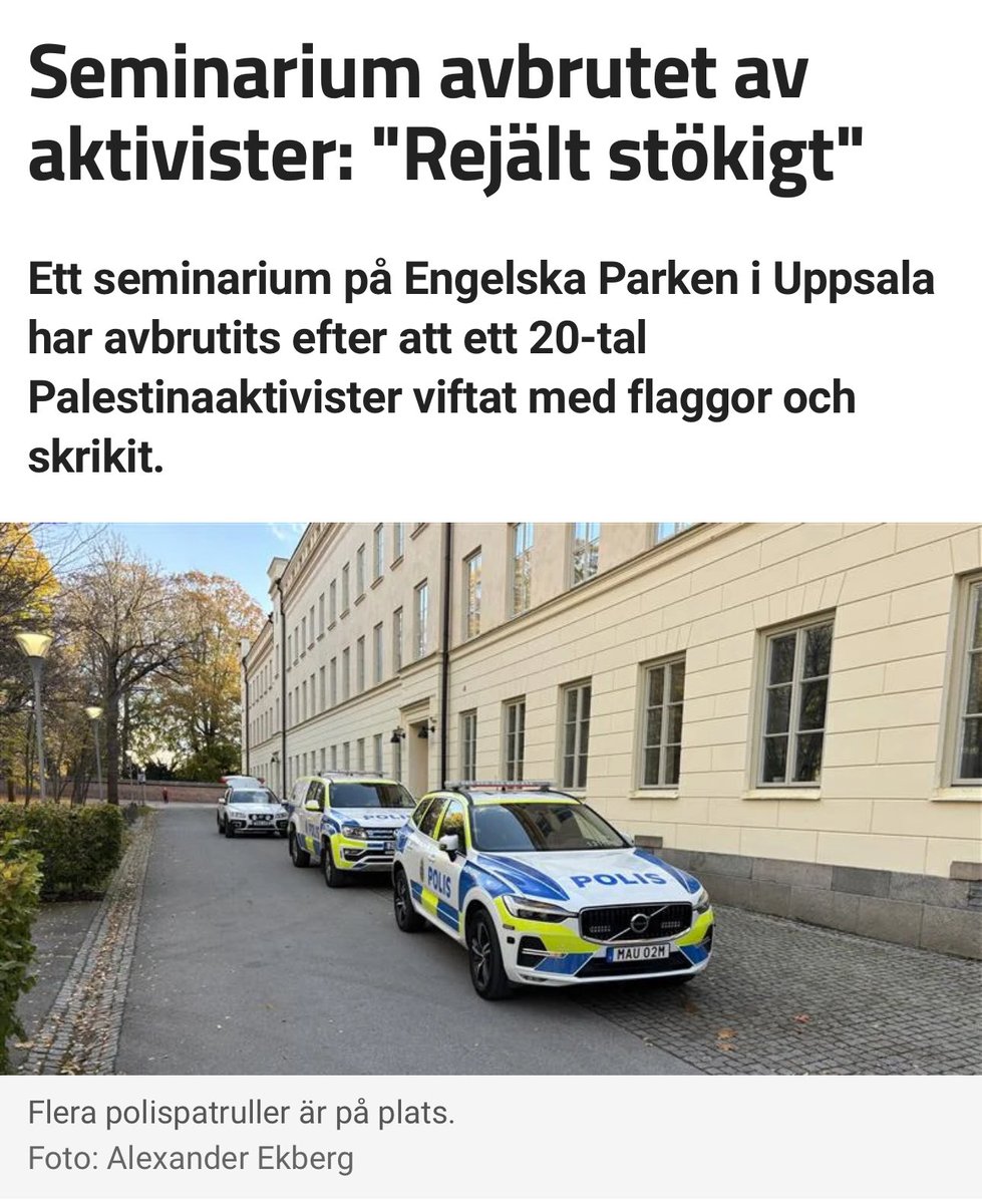 Ett seminarium om akademisk frihet blir alltså avbrutet av palestinaaktivister som ska ha viftat med flaggor och skrikit i en megafon.

Påminner om metoderna för andra rörelser vars mål varit att störta demokratin.