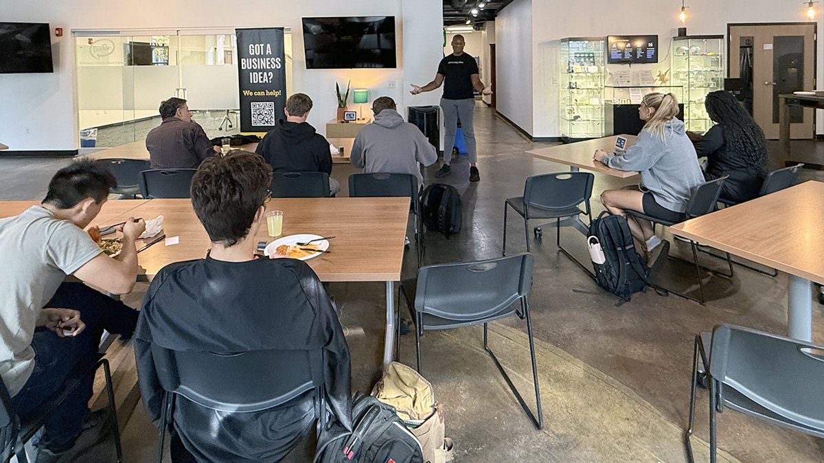 Thanks to Brandon Wilson (BA, sociology ’07) for speaking at MERGE on Oct. 17. As co-founder of Bleu'print Hospitality, Brandon is shaping the Bay Area dining scene with his upcoming restaurant, three one four, a swanky pizza &amp; wine lounge in Berkeley, CA. 🍷🍕 #IowaJPEC