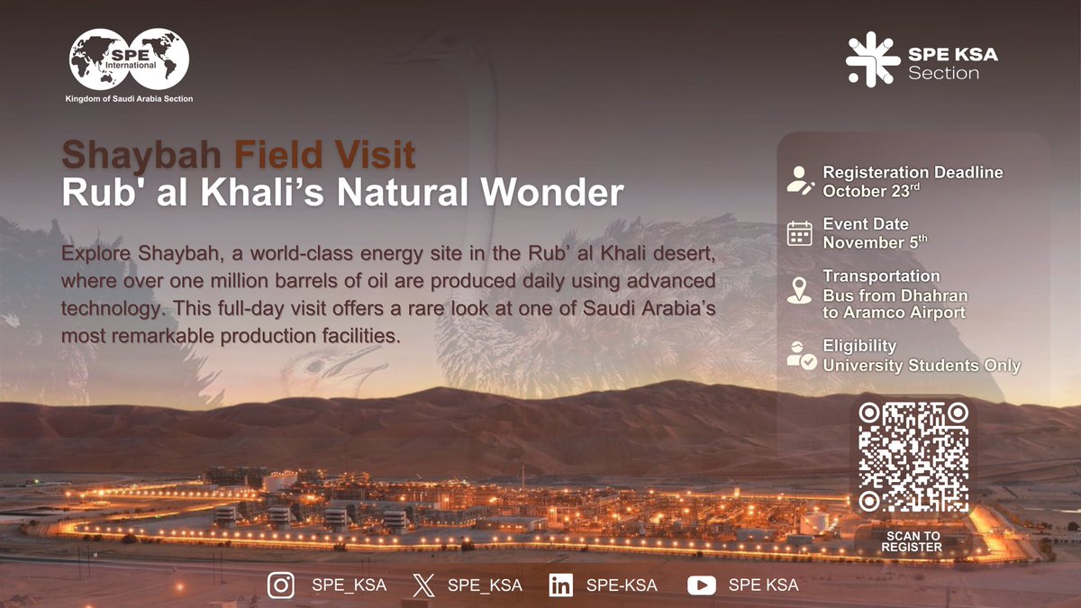 #SPE_KSA’s Student Outreach Committee invites university students to an exclusive full-day field visit to Shaybah, a natural wonder in Rub' al Khali.

Register for the visit by scanning the QR code or clicking the link: spe-ksa.org/shaybah-field-…
