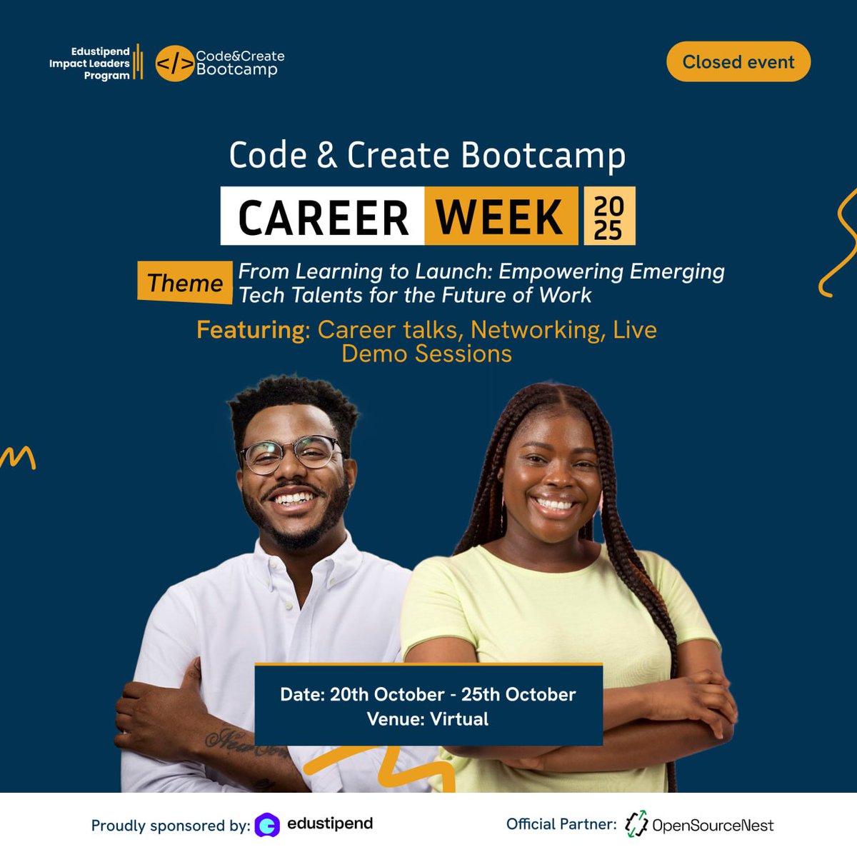 progress_epete's tweet image. It begins today 🎉
Thanks to @codecreatehq for making this happen, and to @Edustipend for the sponsorship
#CodeAndCreateCareerWeek
#FromLearningToLaunch
#TechForGood
