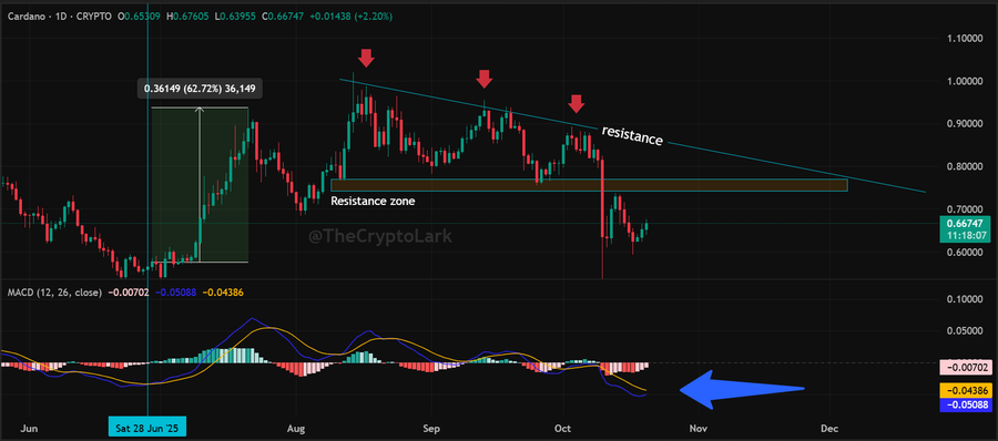Dark background financial chart for ADA USDT trading pair with candlestick price bars in green and red from June to December. Upward arrows mark potential bullish signals. Green shaded resistance zone between 0.74 and 0.77 dollars. Downward sloped resistance line from August. MACD indicator below with histogram bars and signal line crossover. Bottom panel shows volume bars in green and red. Right side legend includes colors for open high low close and volume. TheCryptoLark watermark in bottom right.