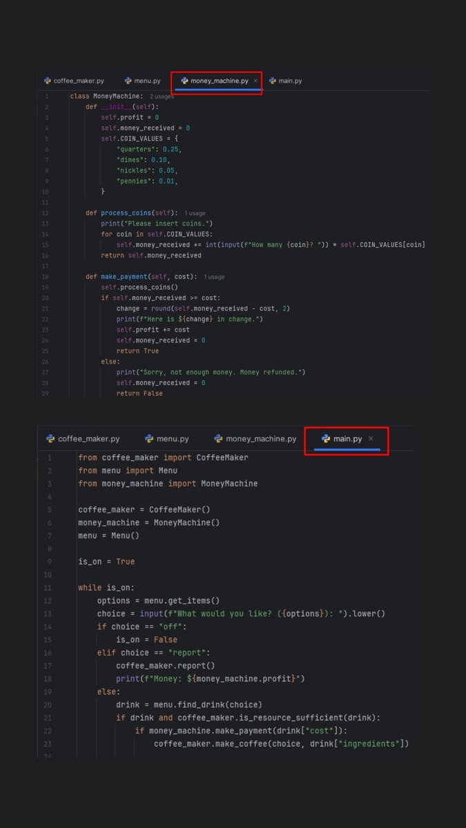 cruzangelojose3's tweet image. Day 16
Built a Coffee Machine using Object-Oriented Programming (OOP).
Learned how to use classes, objects and methods to make code clean, smart and reusable. From coffee orders to coin checks, all powered by Python logic.
#pythonlearningjourney #python
