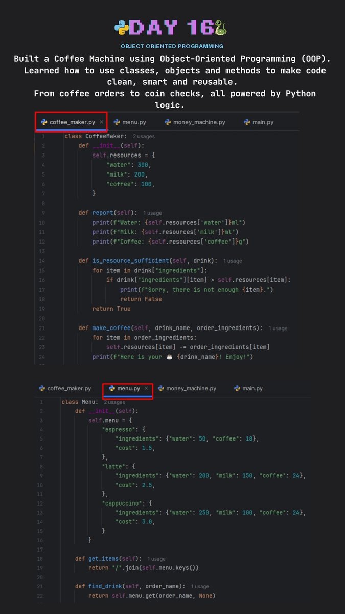 cruzangelojose3's tweet image. Day 16
Built a Coffee Machine using Object-Oriented Programming (OOP).
Learned how to use classes, objects and methods to make code clean, smart and reusable. From coffee orders to coin checks, all powered by Python logic.
#pythonlearningjourney #python