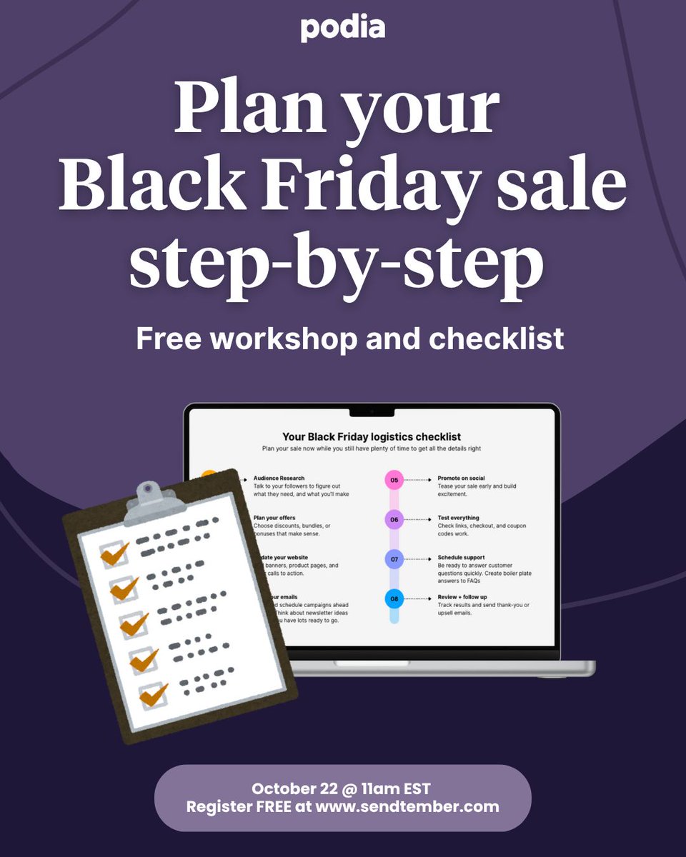 Live BFCM planning workshop!
📆 Wed, October 22, 11am ET

Get the exact logistics you need to run a smooth, stress-free sale. We cover: 

⏰ Timing your promos 
🏷️ Setting up coupons
🛒 Testing your checkout
📝 Scheduling comms
💜 Preparing your customer support

You’ll walk away