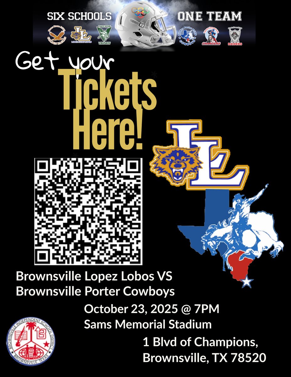 🏈 Thursday Night Lights in Brownsville!
🔥 The Lopez Lobos take on the Porter Cowboys in a city showdown!
📅 October 23, 2025
🕖 7:00 PM
📍 Sams Memorial Stadium — 1 Blvd of Champions, Brownsville, TX
🎟️ Get your tickets now and rep your team!
#LobosXCowboys #BrownsvilleFootball
