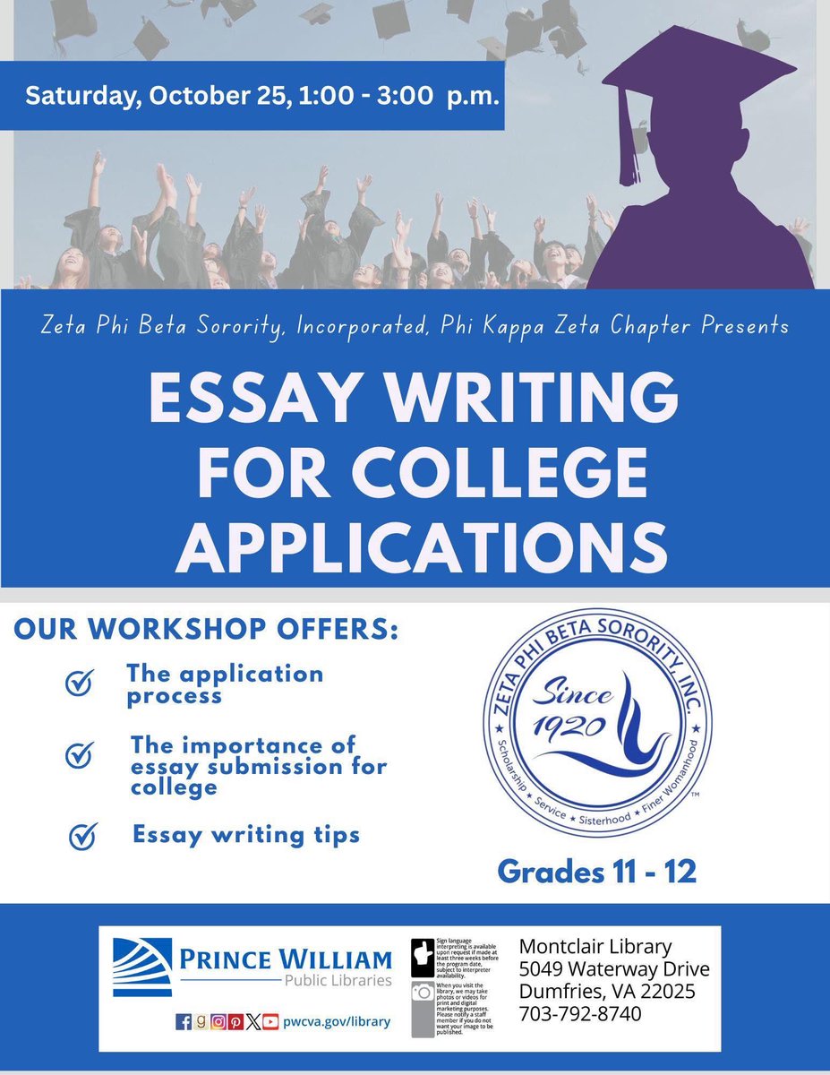 zphibpkz's tweet image. 🎓 High School Juniors &amp;amp; Seniors! ✍🏿

Join Zeta Phi Beta Sorority, Incorporated – Phi Kappa Zeta Chapter for an Essay Writing for College Applications Workshop!

📅 Saturday, October 25 | 1–3 p.m.
📍 Montclair Library, Dumfries, VA