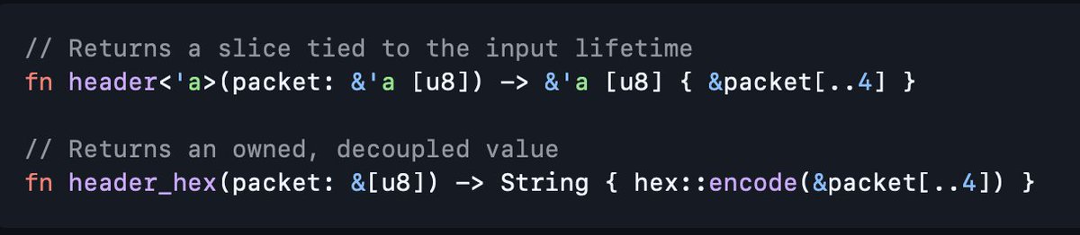 debasishg's tweet image. In Rust, how the borrow-checker shapes your API inputs and outputs ..
The general design principle is to choose signatures that minimize ownership churn while keeping call sites clean and safe.
Accepting input
• Borrow when you only read: `fn parse(src: &str)`
• Borrow…