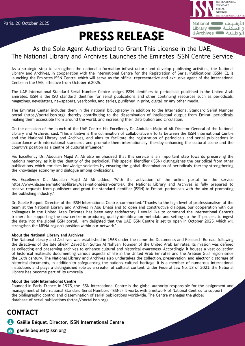 ISSN_IC's tweet photo. The ISSN International Centre is pleased to announce that the United Arab Emirates will open its own ISSN National Centre on 21 October 2025. This new centre will serve as the national point of contact for serials and other continuing resources published in the UAE. https://t.co/xNcJ1sqkA0