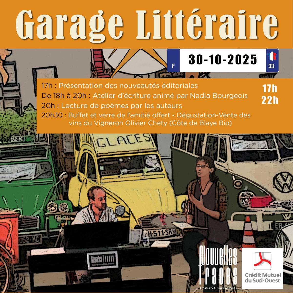Garage #Littéraire 3ème édition par #NouvellesTraces à #Bordeaux, 30 rue Paul Camelle à partir de 17 h, le 30 octobre 2025. Soirée #poésie à 20h - rencontre avec les #auteurs.