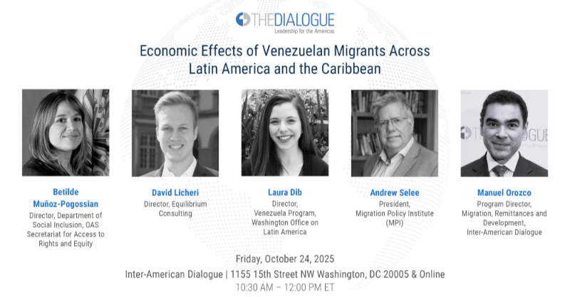 The_Dialogue's tweet photo. How is #Venezuelan migration reshaping economies across #LatinAmerica and the #Caribbean? Join @BeticaMunozPogo, @DavidLicheri, @lauradib, @SeleeAndrew, and @manuelorozco65 at the Dialogue on Oct. 24 at 10:30 AM ET to explore migrants’ fiscal, labor, and investment contributions.
