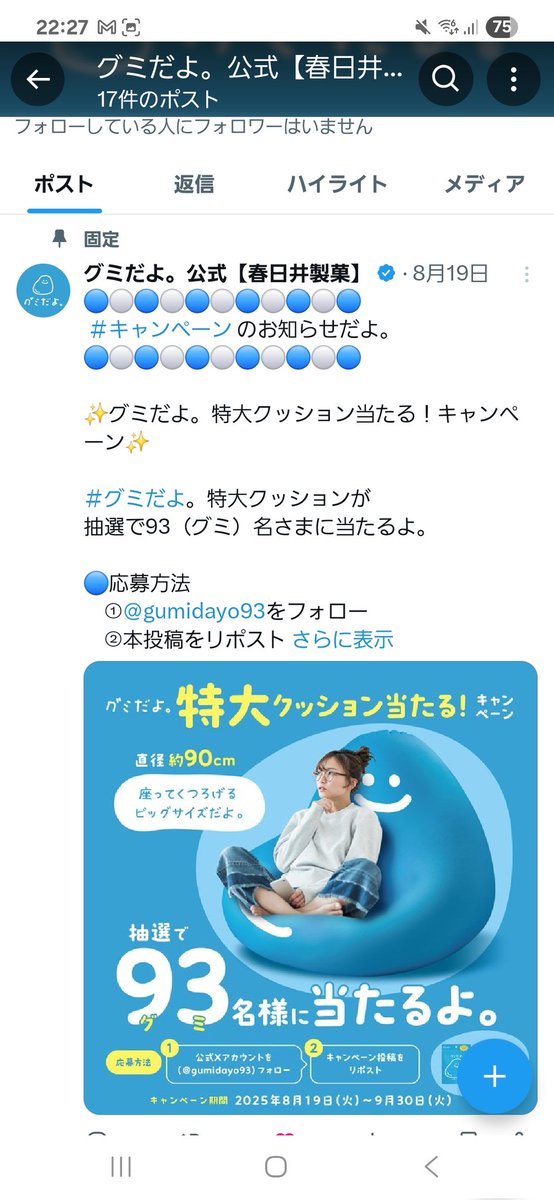 ♪220サイズの送料込♪青ビーズクッション！グミだよ特大クッション