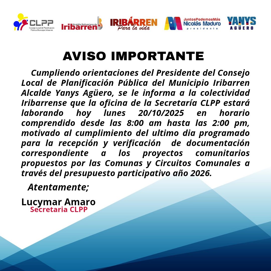 🚨 Atención 🚨 Se les informa que la oficina de secretaria del <a href="/CLPP_Iribarren1/">Consejo Local de Planificación Pública Iribarren</a> estará hoy lunes #20Oct laborando en cumplimiento al último día de entrega correspondiente a los proyectos comunitarios del presupuesto participativo año 2026 

#VenezuelaTierraDeFe