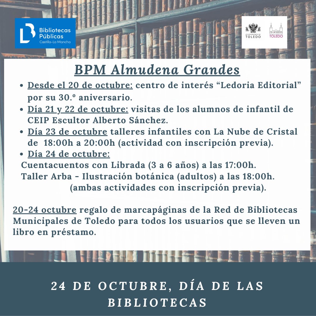 Ven a celebrar esta semana con nosotros, ¡no te lo pierdas!

#díadelasbibliotecas2025
#redmunicipaldebibliotecaspublicasdetoledo
@aytotoledo