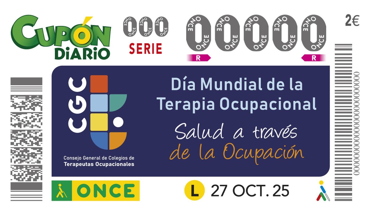 ➡️ Ya puedes adquirir tu cupón diario de la ONCE personalizado con motivo del Día Mundial de la TO.

💪 Se trata de una iniciativa más de las que estamos llevando desde el Consejo para seguir llevando nuestra profesión a todos los rincones.

💚 ¡Venta en web y puntos autorizados!