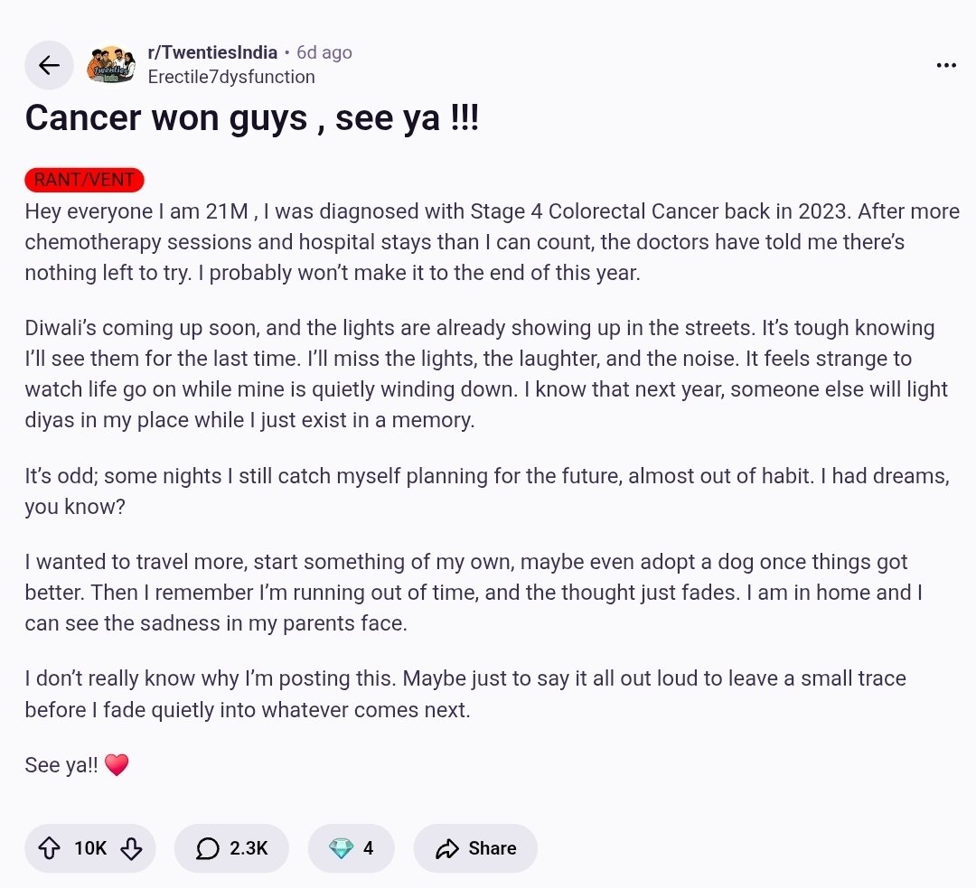 the_dream_saver's tweet image. Reading this hit me.
This Diwali I'm glad to be home. No celebrations, just appreciating the pleasure of living and being with people who matter.
Might not have my next diwali at home.
Might not have a next diwali.
Who knows.
Another reminder for living in the present.
Happy…