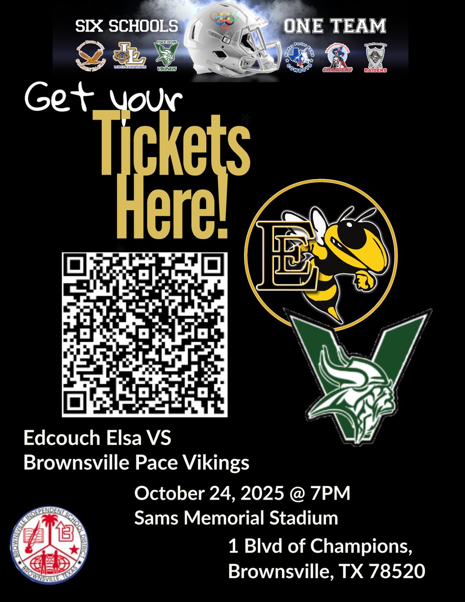 🏈 Friday Night Showdown!
🔥 The Brownsville Pace Vikings face off against Edcouch-Elsa in a can't-miss matchup!
📅 October 24, 2025
🕖 7:00 PM
📍 Sams Memorial Stadium — 1 Blvd of Champions, Brownsville, TX
🎟️ Grab your tickets and bring the energy!
#PaceVikings #TXHSFB #FNL