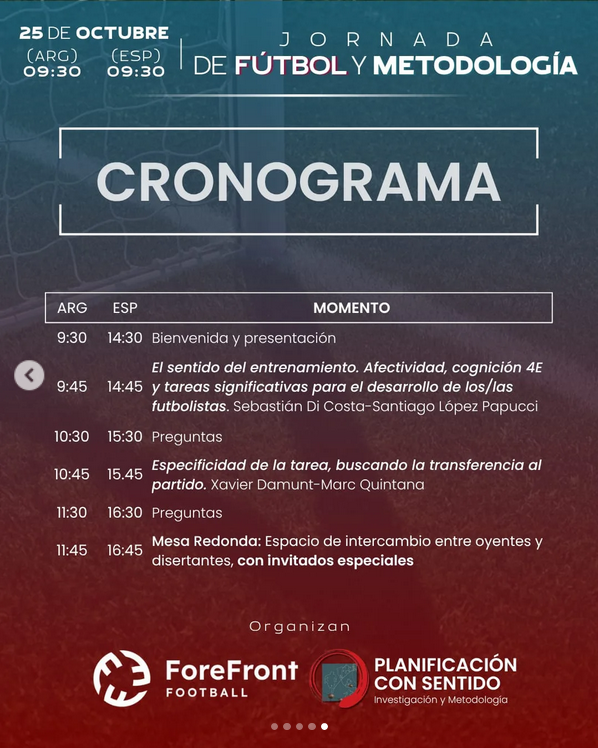 Jornada de Fútbol y Metodología 

25 de octubre

Pronto publicaremos los invitados de la mesa redonda y el enlace para la inscripción gratuita.