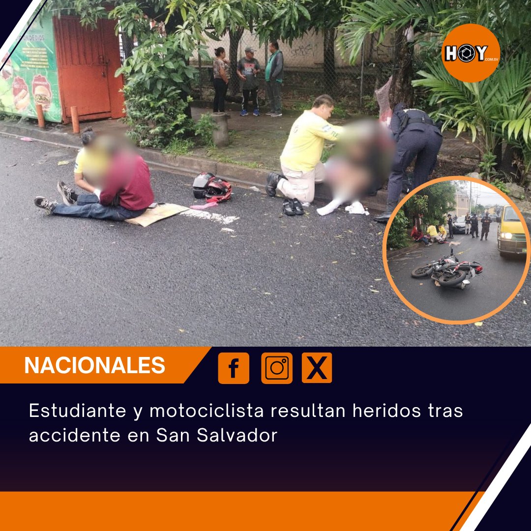 hoycomsv's tweet photo. ⚠️ #TráficoSV | Una estudiante resultó con múltiples lesiones luego de ser atropellada por una motocicleta en la intersección de la 20 avenida Norte y 35 calle Oriente, cerca del #INFRAMEN, #SanSalvador. 😢🏍️
El conductor de la motocicleta también resultó lesionado. https://t.co/ekQHpOqaqh