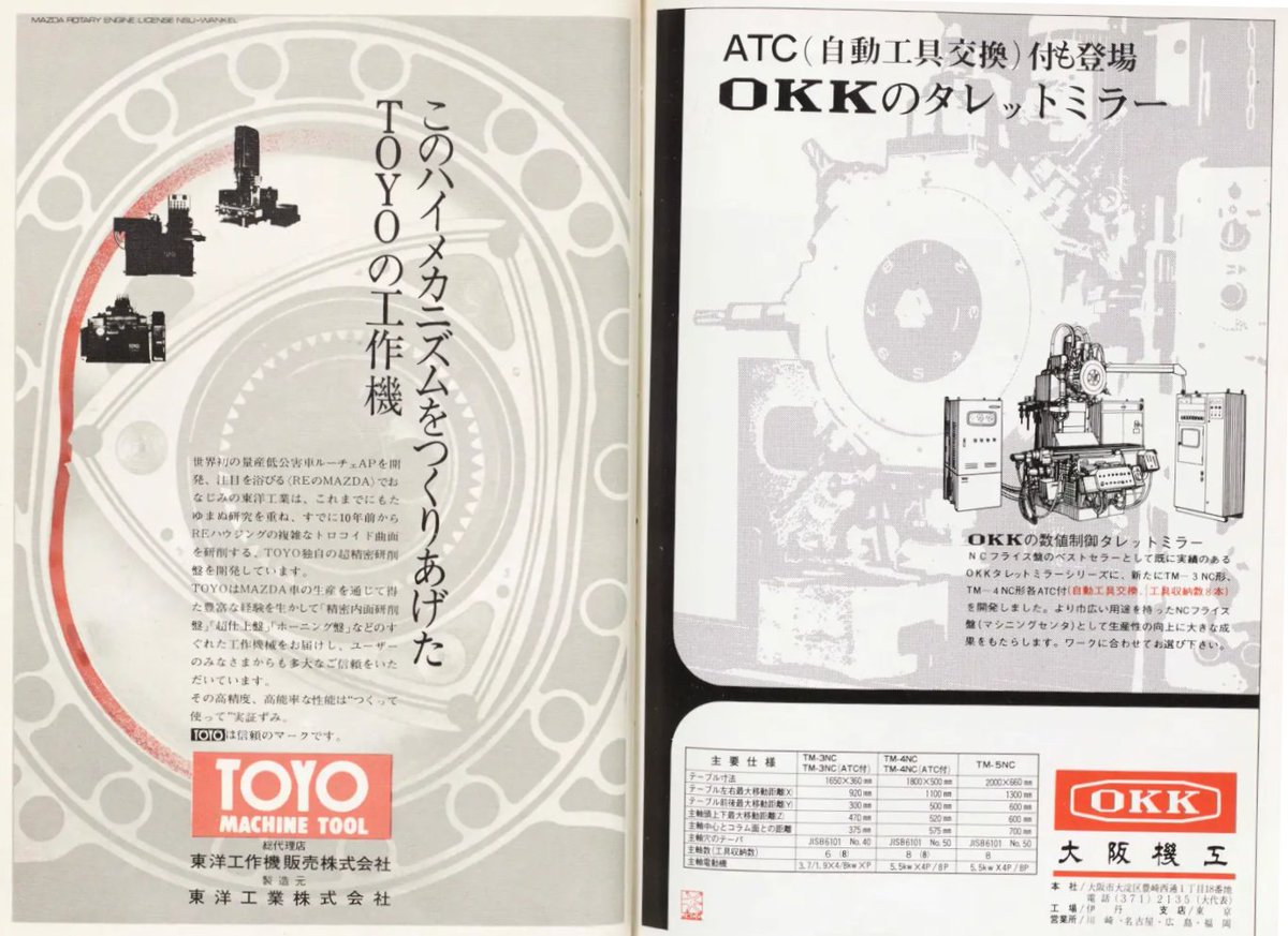 machinetools7's tweet image. 【OKK21】

昭和48年、見開きページに掲載された別個の会社の広告、

どちらも #松田重次郎 によって創業されました。