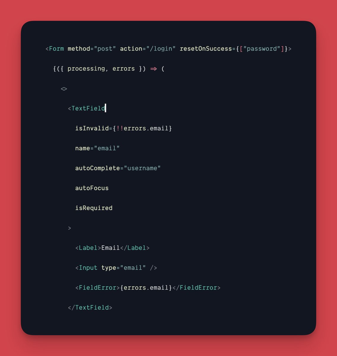 irsyadadl's tweet image. When using React aria components with Inertia form, make sure to add isInvalid to the TextField; otherwise, the field error will not appear. Alternatively, you can use the traditional @inertiajs hook form. But honestly, Inertia.js form is great since it manages state for you…