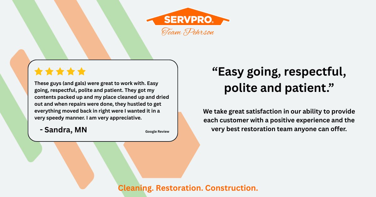 Thanks Sandra for the 5-star review! ⭐️⭐️⭐️⭐️⭐️

At SERVPRO, our crews and management pride ourselves on being respectful, polite, and patient with each customer.

#SERVPRO #5starreview #restoration