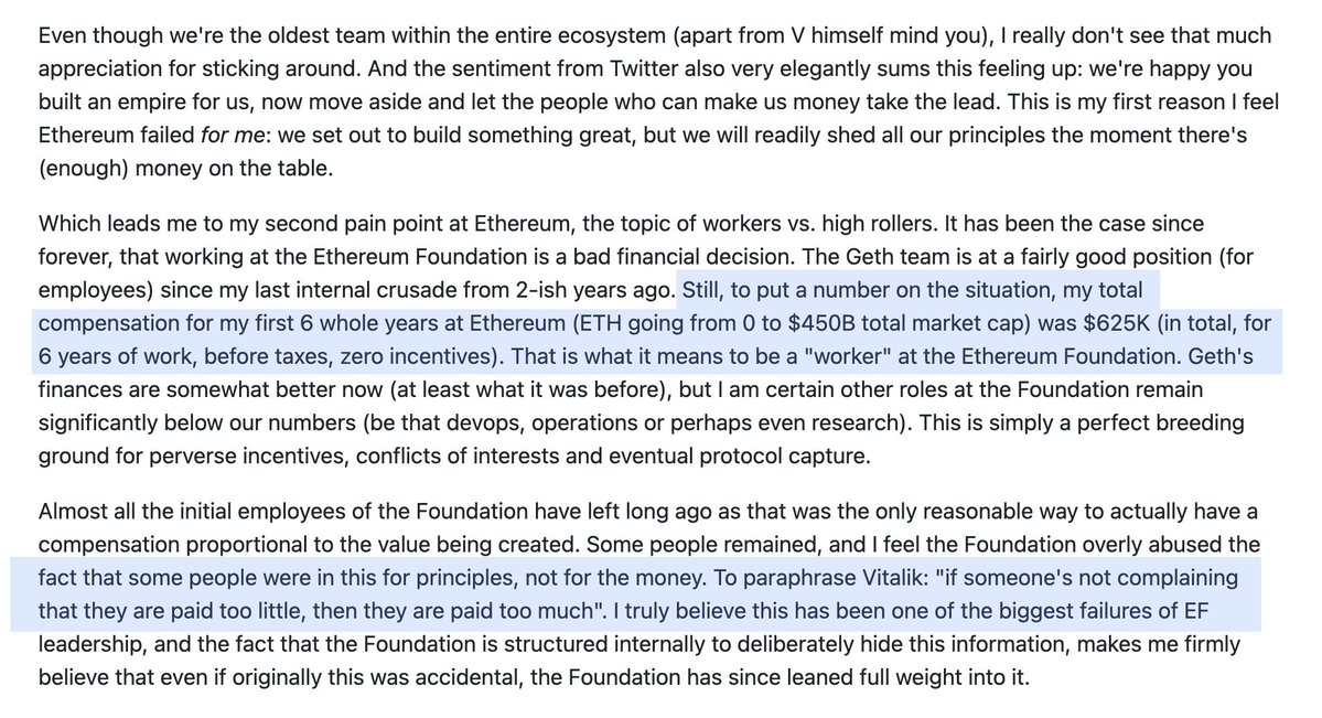 Screenshot of statement revealing former Geth lead's compensation at Ethereum Foundation