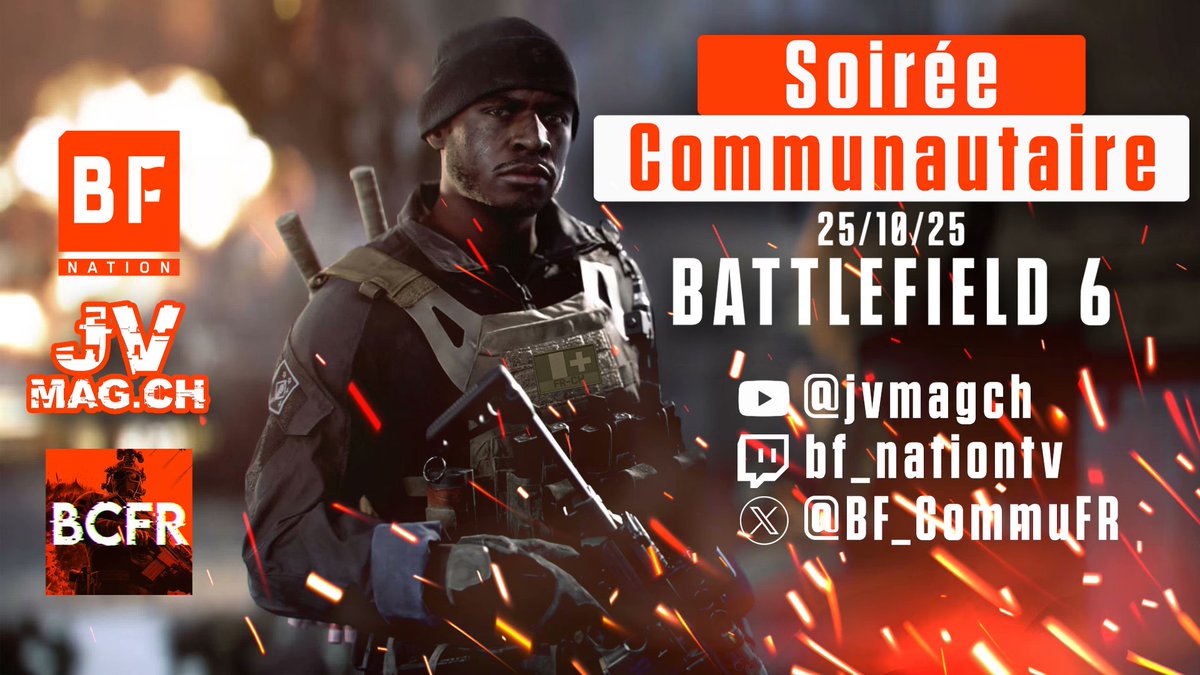 JVMag🇨🇭 (@jvmag_ch) on Twitter photo Soirée communautaire sur Battlefield 6 🌐 
C'est ce samedi soir, dès 18h00, avec <a href="/BF_CommuFR/">Battlefield Communauté</a> <a href="/BF_Nation/">Battlefield Nation</a> 🤯
Joueuses et joueurs consoles/PC, vous pourrez rejoindre les escouades au travers de notre serveur Discord. L'entrée est libre à tout le monde.
Lien : Soirée communautaire sur Battlefield 6 🌐 
C'est ce samedi soir, dès 18h00, avec <a href="/BF_CommuFR/">Battlefield Communauté</a> <a href="/BF_Nation/">Battlefield Nation</a> 🤯
Joueuses et joueurs consoles/PC, vous pourrez rejoindre les escouades au travers de notre serveur Discord. L'entrée est libre à tout le monde.
Lien :