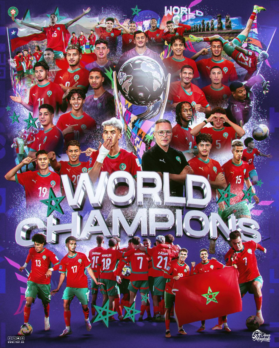 Félicitations aux Lionceux de l’Atlas, nouveaux champions du Monde ! 🦁🇲🇦 #DimaMaghrib 
تهانينا لفريق أسود الأطلس، بطل العالم الجديد!
