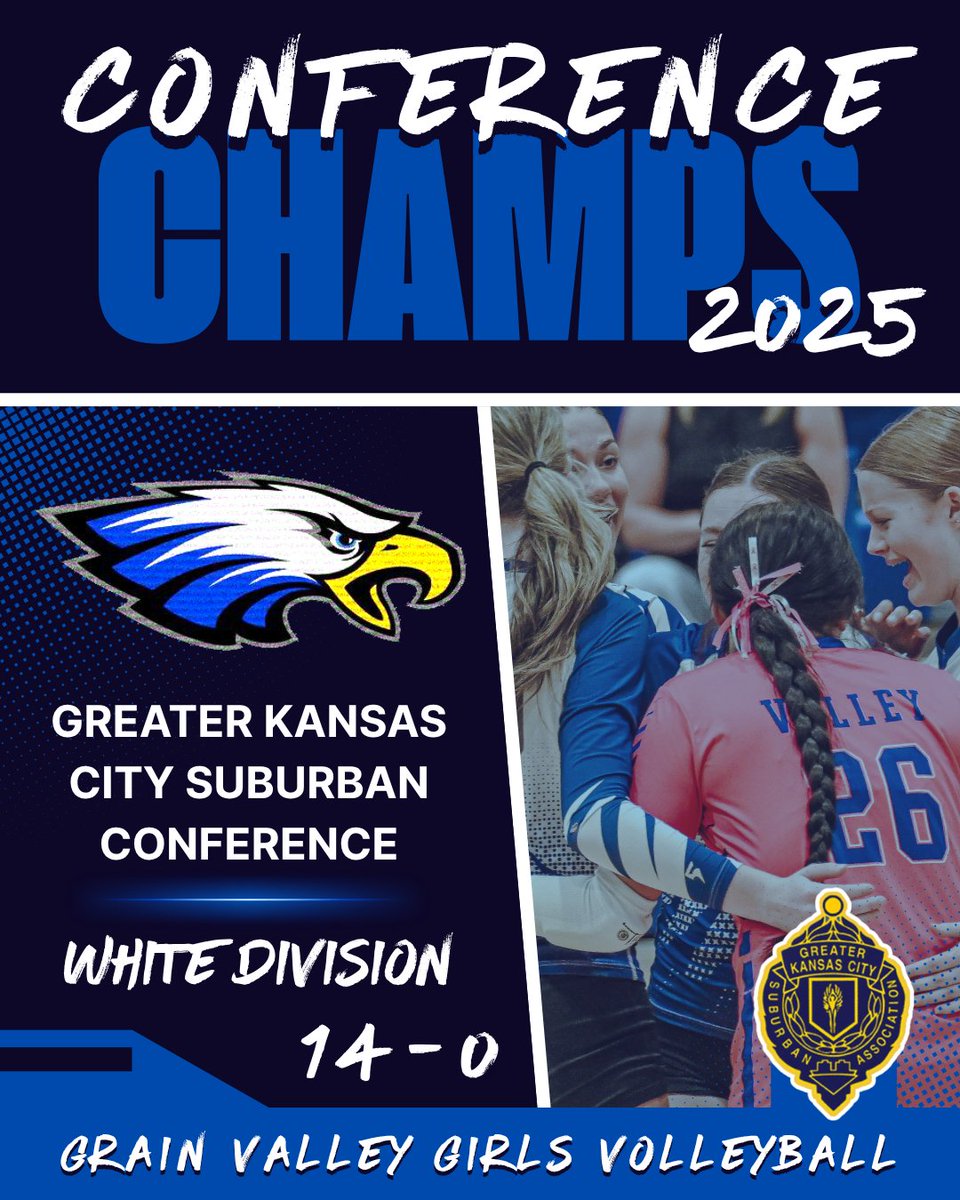 Updated🏐 CONFERENCE CHAMPS, BABY! 🦅💙
Your Grain Valley Varsity Volleyball Team just wrapped up their regular season as UNDEFEATED Conference Champions! The Eagles went a perfect 12–0 in the White Division of the Greater Kansas City Suburban Association! 🔥