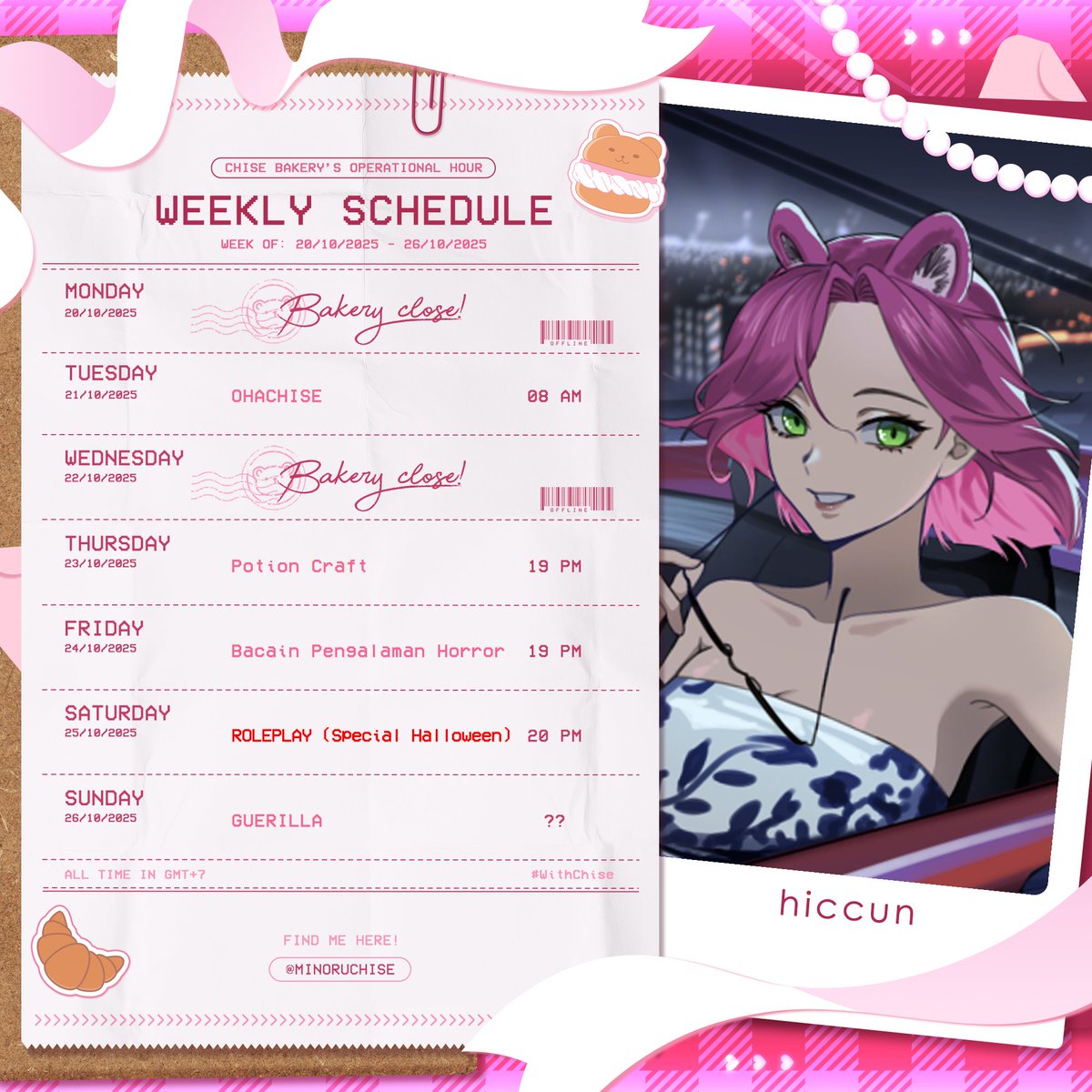 【 Weekly Schedule 】 
20 Oct - 26 Oct 2025

Tags : 
❥ General : #MinoruChise
❥ Live : #WithChise
❥ Fan art : #ChiseArt
❥ Meme : #ChiLawak
❥ Fan name : #Bauwang 

🔗 Youtube : youtube.com/@minoruchisech…