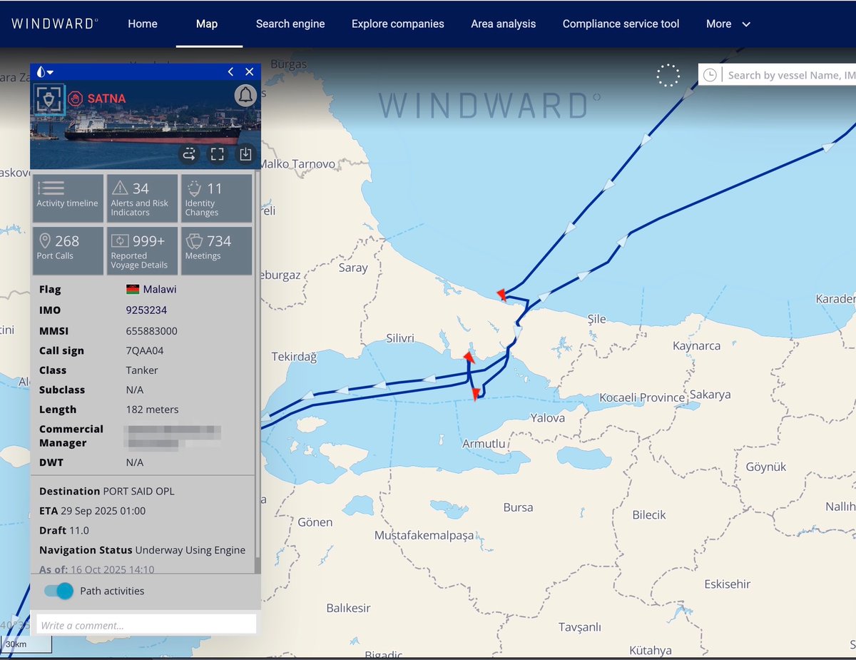 WindwardAI's tweet image. 🚢 Windward's Ship of the Day: Satna (IMO 9253234).
A textbook case of how the dark fleet is bypassing sanctions, and even enforcement, at one of the world’s busiest maritime chokepoints: the Bosporus Strait.
🧵👇