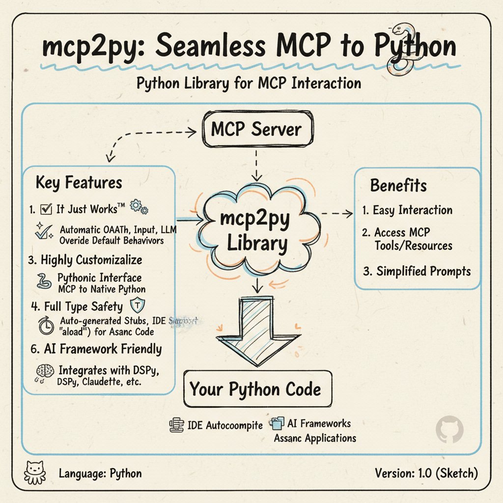 cjkcr's tweet image. Tired of wrestling with complex server protocols? Say hello to **mcp2py**! 👋
This magical Python library turns any MCP server into a simple, elegant Python module. All that messy backend stuff? Gone. Just pure Pythonic joy.
We built mcp2py because we believe using powerful…